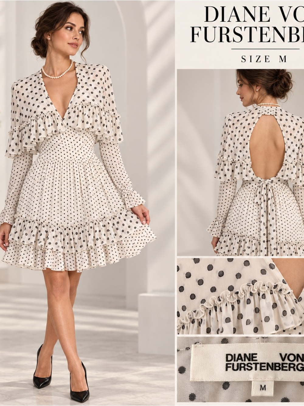 Diane Von Furstenberg Cream Dress with Black Polka Dots